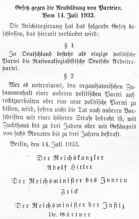 'Gesetz gegen die Neubildung von Parteien' vom 14. Juli 1933